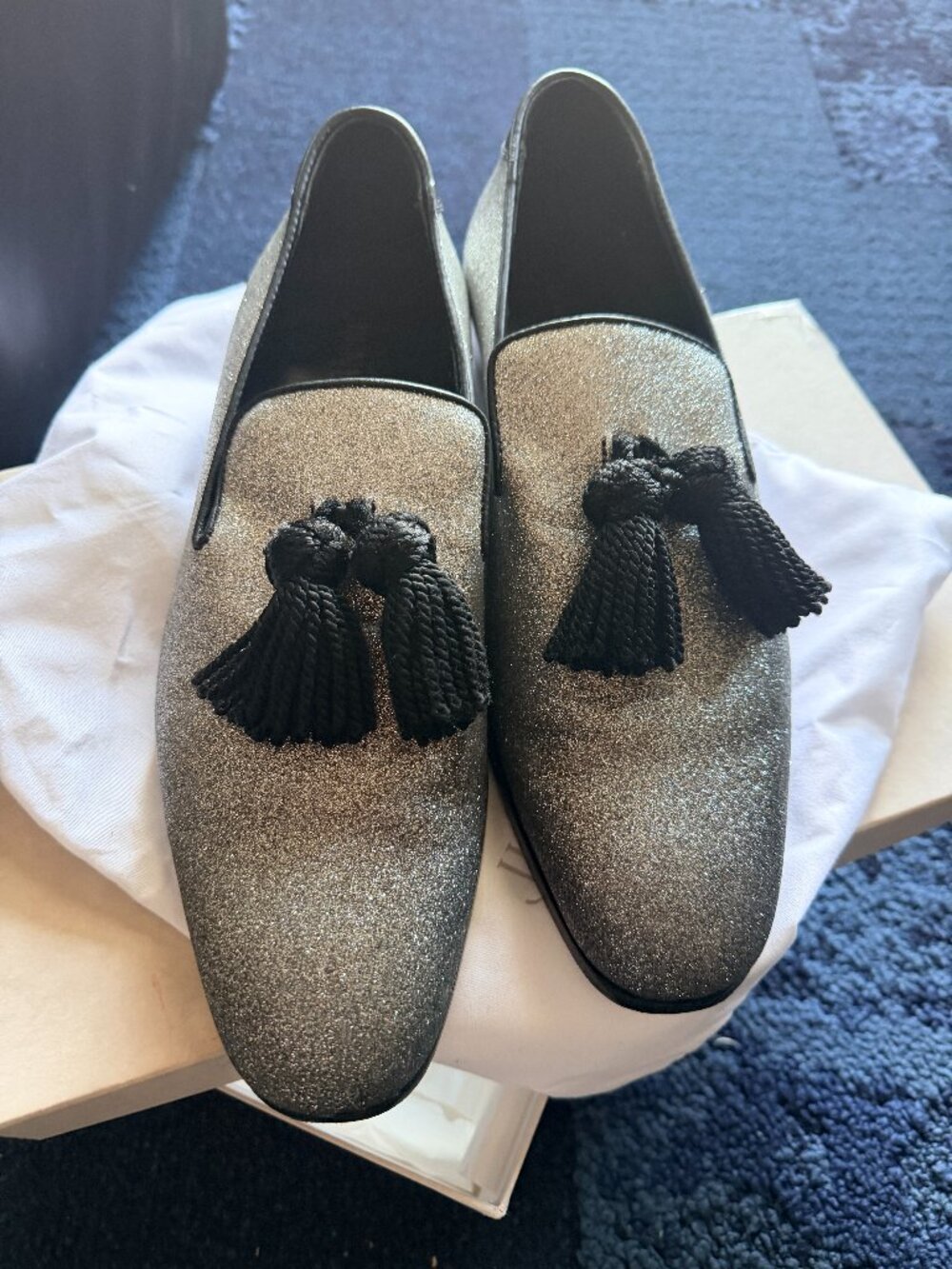 Jimmy Choo Metallic Silver Glitter Foxley Tassel Loafers Size 42 1/2